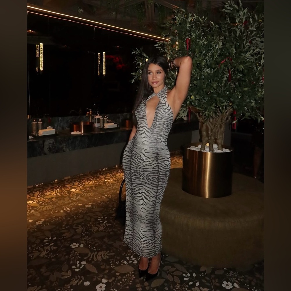 Zara Dress maxi halter mesh bodycon zebra animal print evening date party